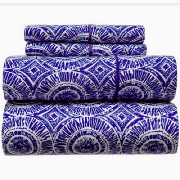 Melange Home Block Medallion Queen Sheet Set Navy White Cotton 4 Pc